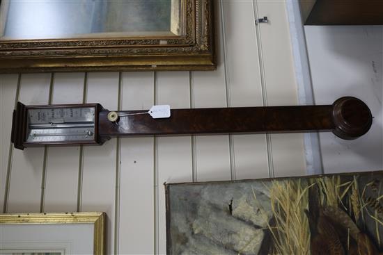 An early Victorian flame mahogany stick barometer, W.13cm